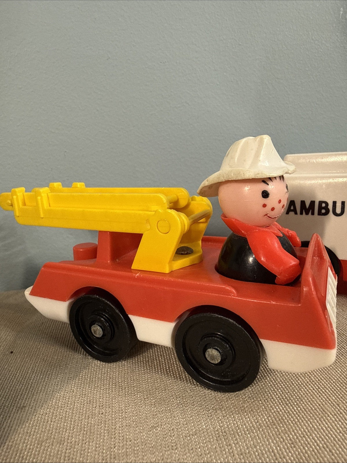 Vintage Fisher Price Little People Fire Trucks Ambulance Mail Truck + 3 Figures