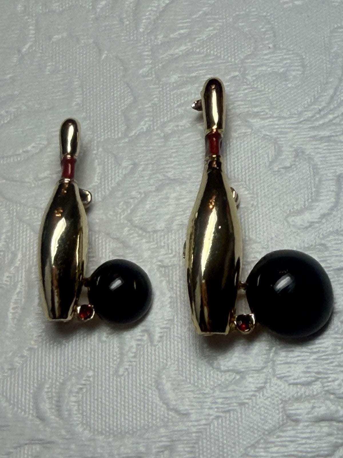 Vintage Bowling Pin and Ball Mini Brooch Pin Lot Gold Tone Red Rhinestone Accent