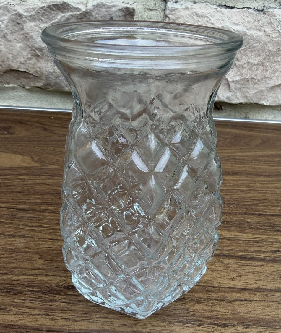 Vintage Clear Glass Pineapple Vase Crosshatch Pattern Hexagon Base 6 Inch