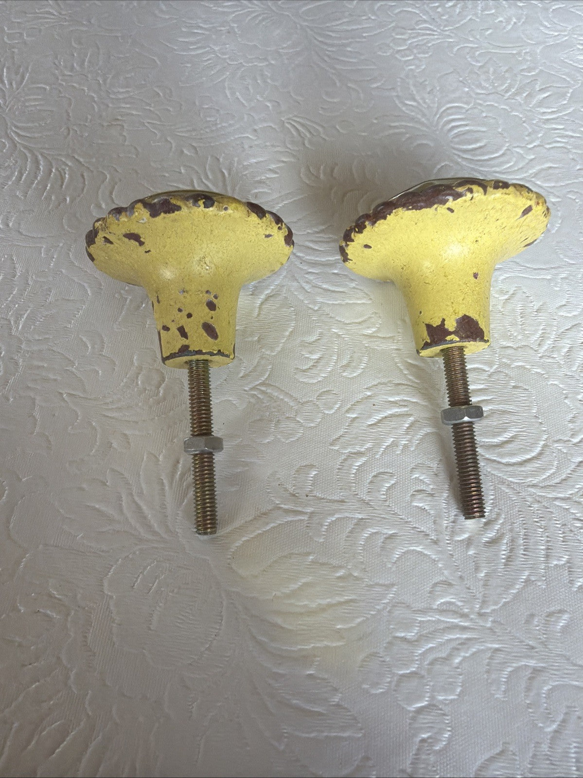 Vintage Metal Drawer Pulls Glass Centers Yellow Blue Shabby Chic Set 2 Hardware