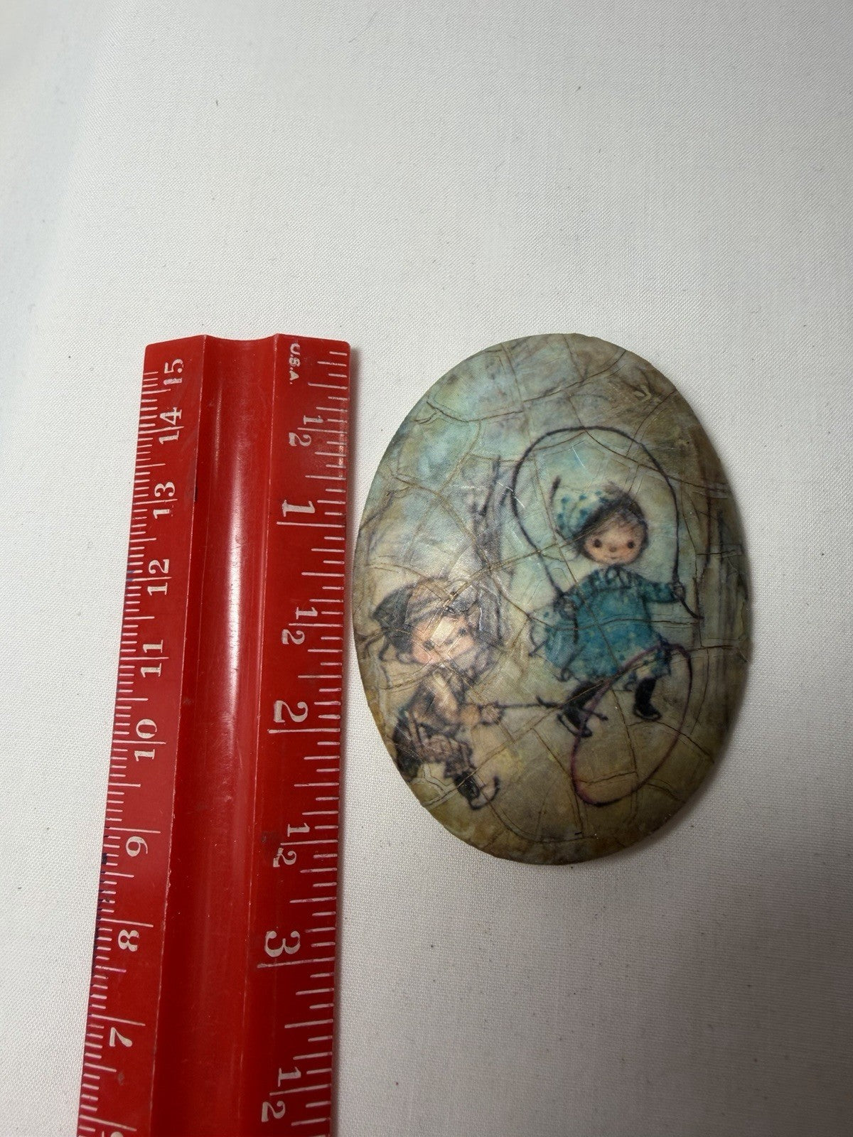 Vintage MAM Originals Crackle Art Paperweight Oval Children Playing