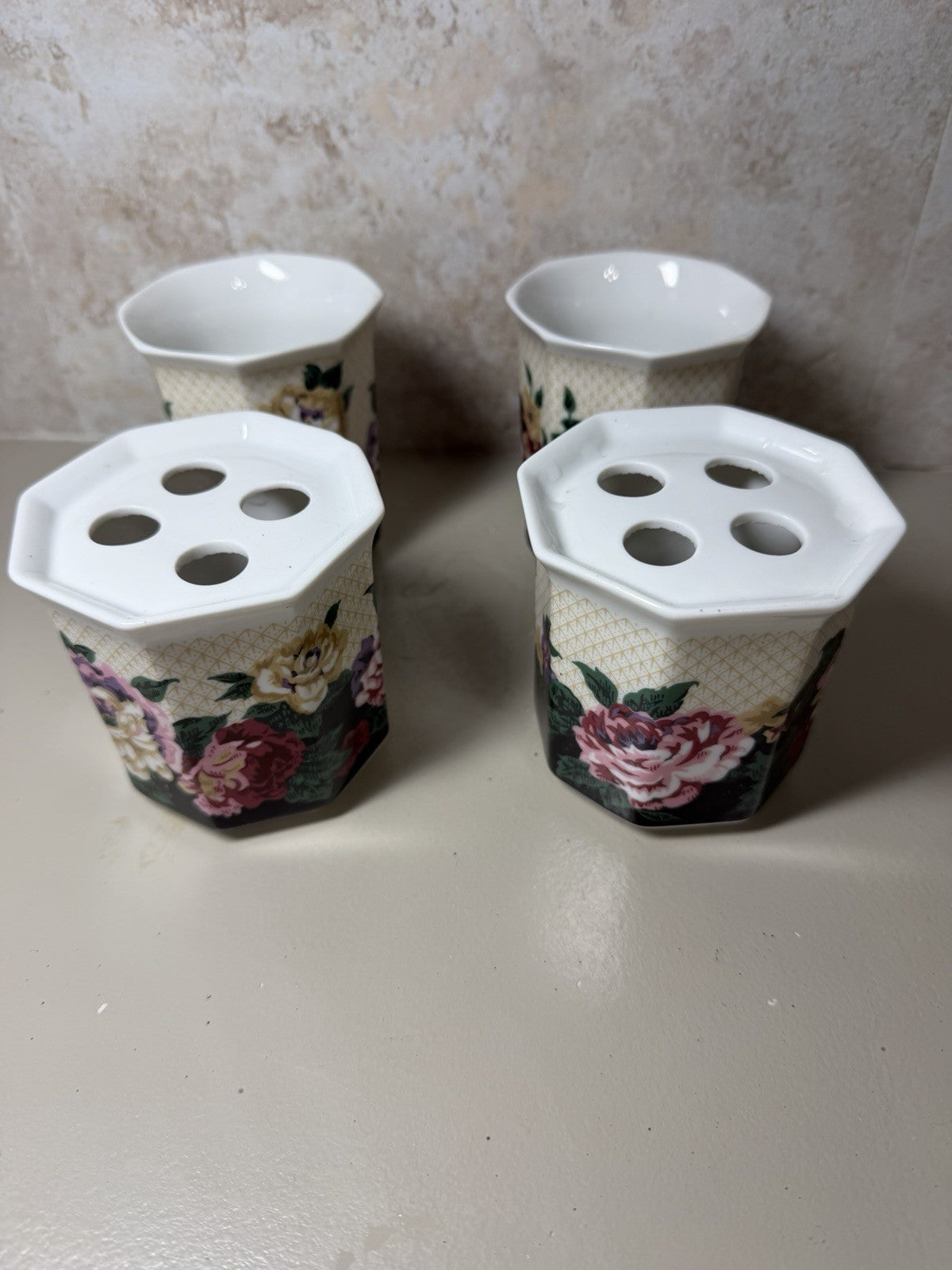 Vintage Springs Chatham Floral Ceramic Tumblers Toothbrush Holders Set of 4