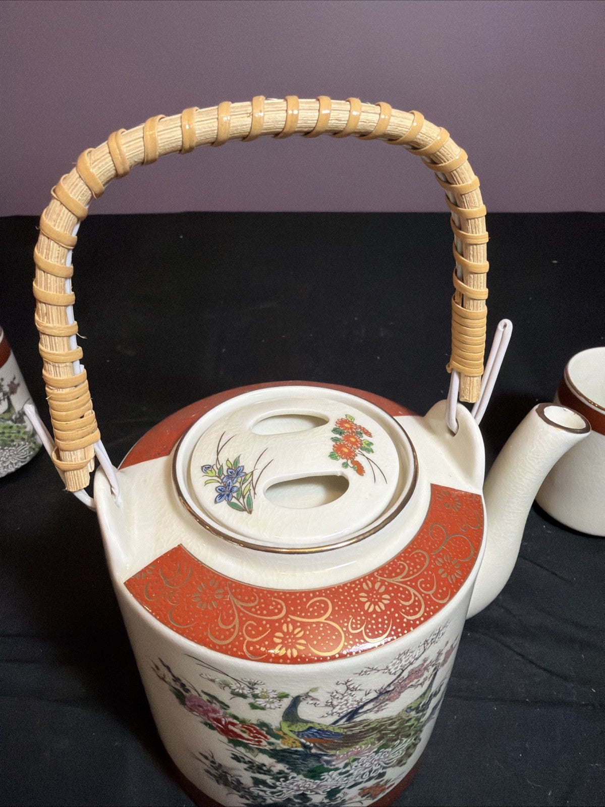 1979 Satsuma Japan Peacock Tea Set Gold Trim Rattan Handle Vintage