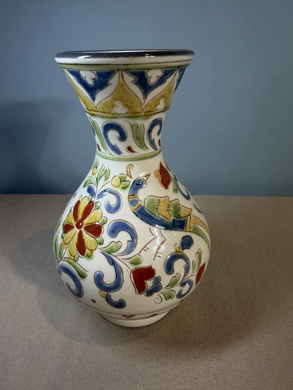 Vintage Talavera Style Hand Painted Ceramic Flower Vase Floral Scroll Folk Art