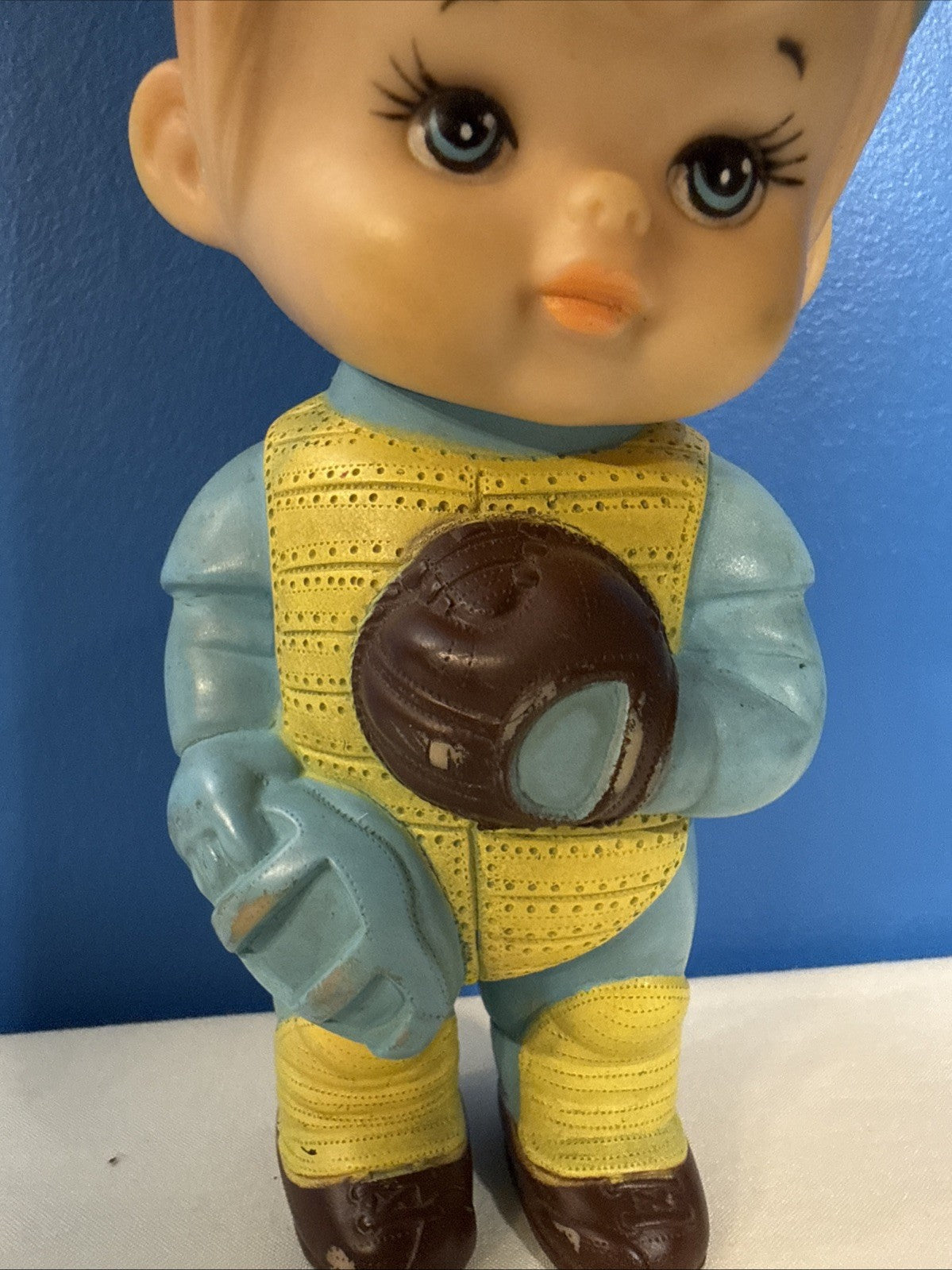 Vintage Iwai Baseball Catcher Boy Squeak Toy 1970s 6.5 Inch Working Japan