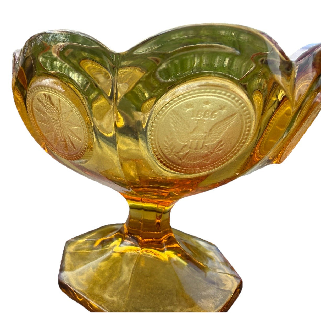 Vintage 4" tall Fossoria 1886 American Eagle Star Coin Amber Candy Dish