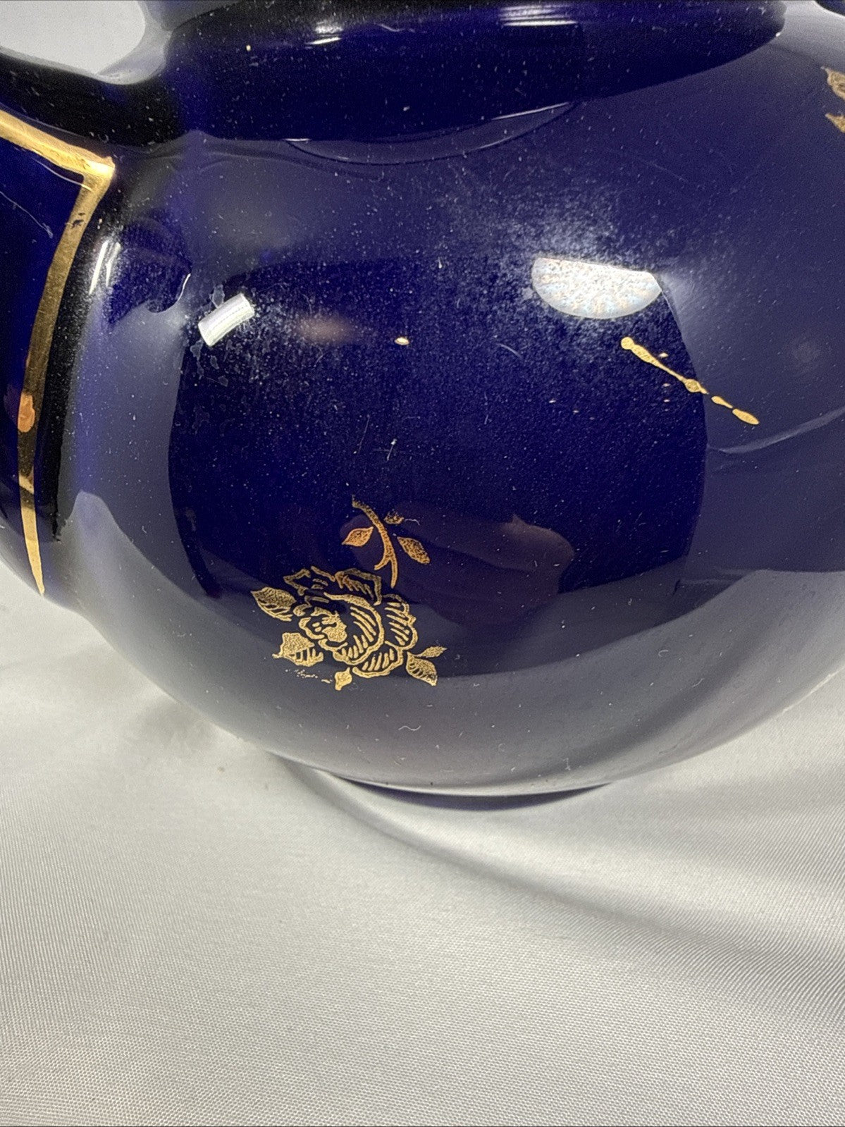 Vintage Hall Blue Ceramic Teapot Gold Trim Floral Mid Century Style