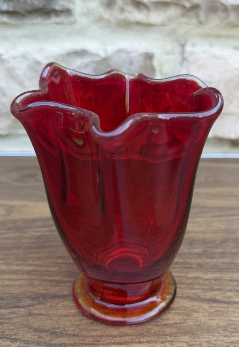 Vintage Ruby Red Hand Blown Glass Vase  Glass Stem Orange Glow Floral Vase