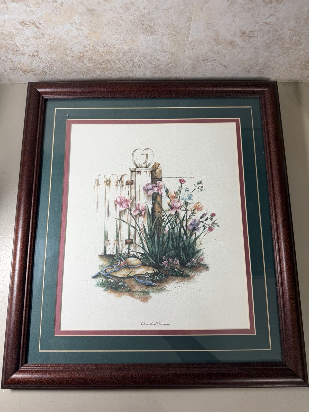 Vintage Paula Vaughan 2 Framed Floral Prints "Forgotten Basket" & "Cherished
