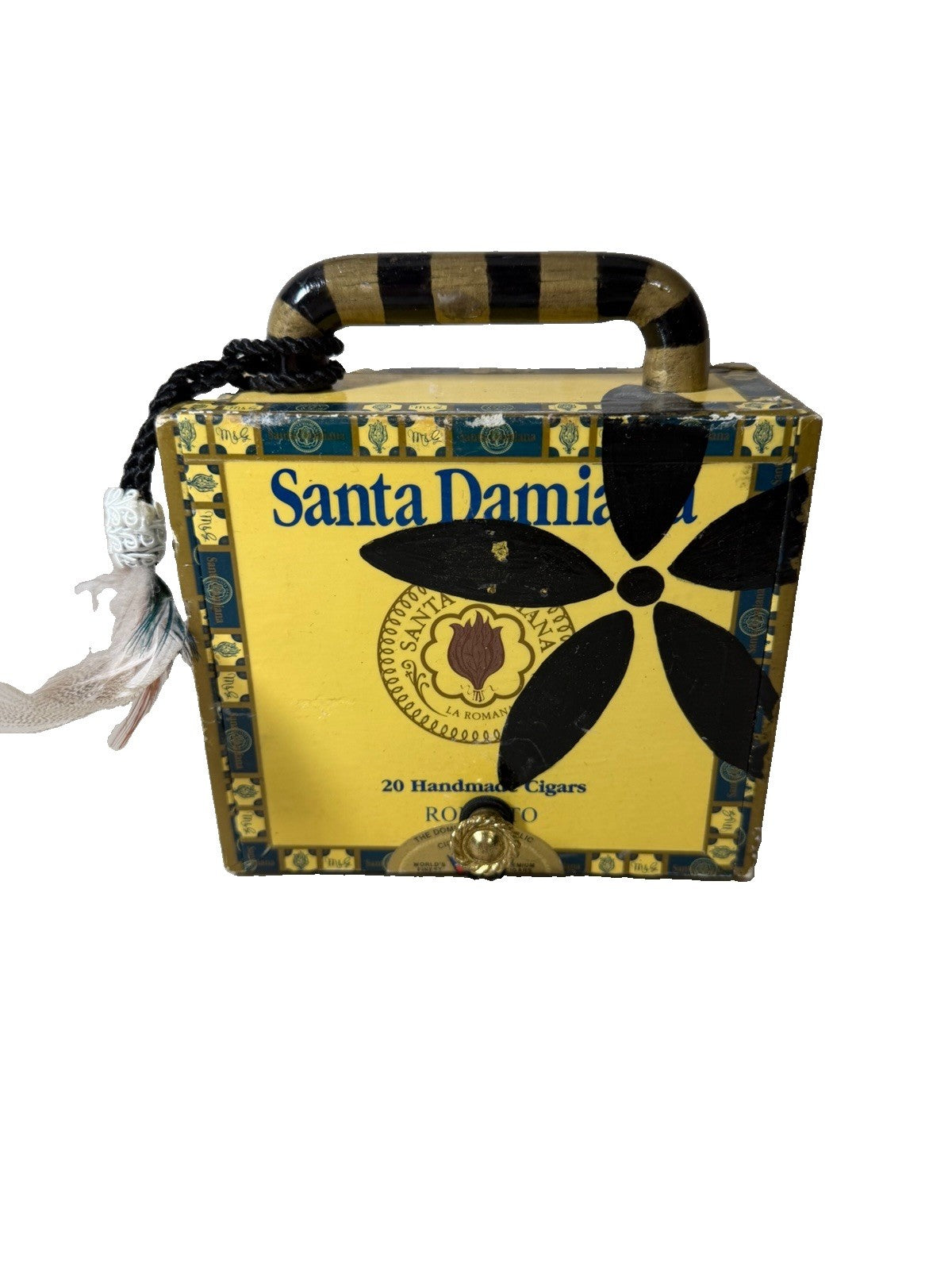 Santa Damiana Robusto Upcycled Cigar Box Purse Toile Fabric Handle Zebra Lining