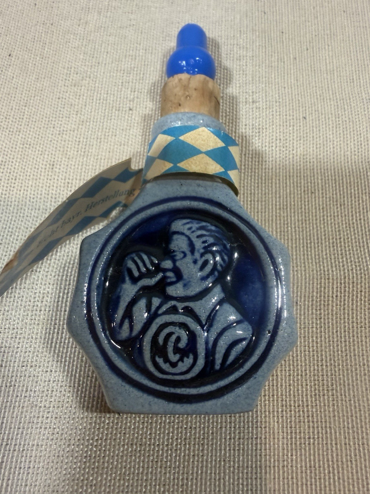 Vintage German Stoneware Schnalzlerfranzl Snuff Bottle Cobalt Blue Stopper