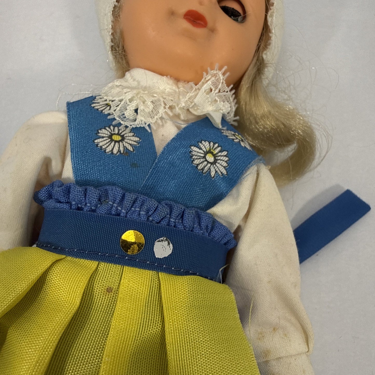 Vintage Sweden Vinyl Doll Sleepy Eyes Blue Yellow Folk Costume 9'