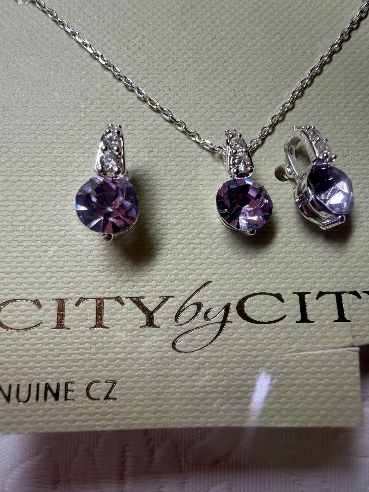City by City CZ Pendant Necklace Earrings Set Purple Silver Tone New Tags