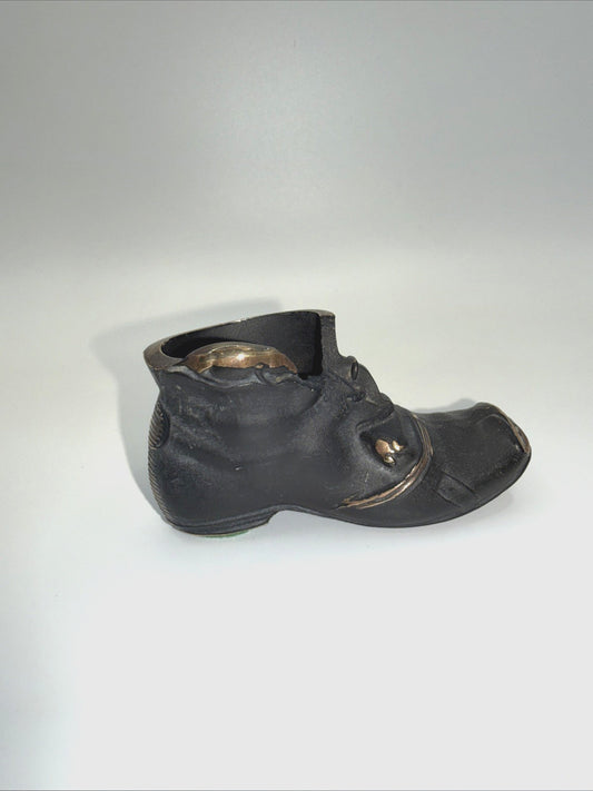 Small Vintage Heavy Blackened Brass Boot Ornament, Decorative Metal Shoe