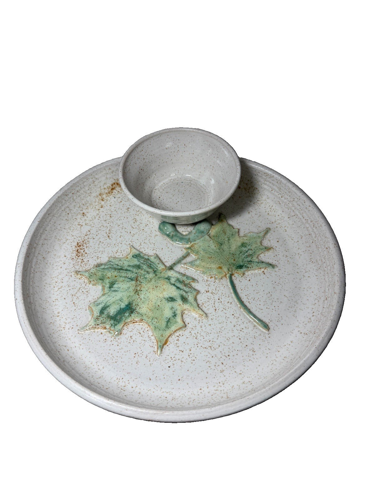 Vintage Canadian Studio Art Pottery Chip Dip Set Speckled Green Leaves Serving