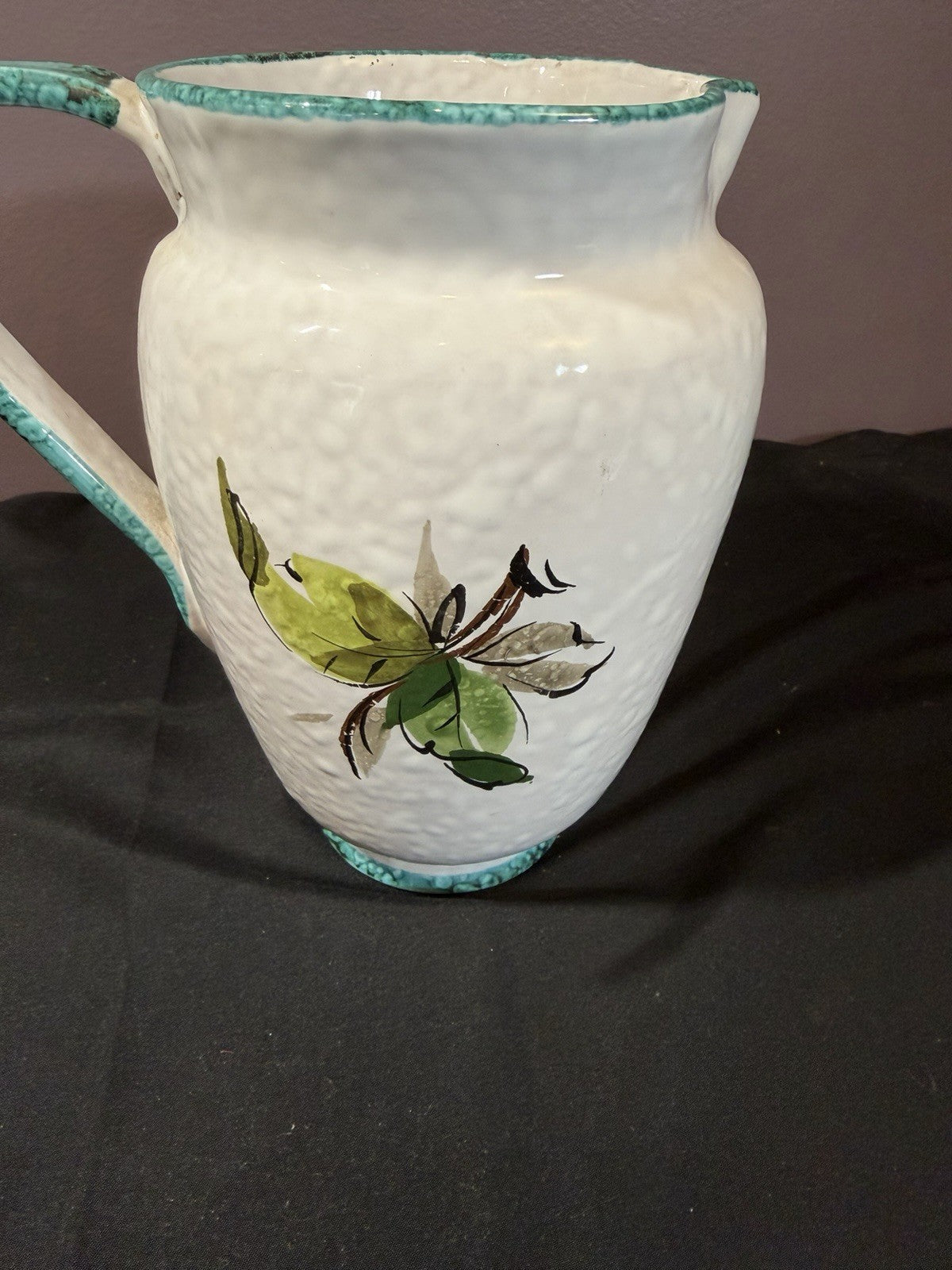 Vintage 1960s Italian Sgraffito Ceramic Pitcher Hand Painted Fruit 8"