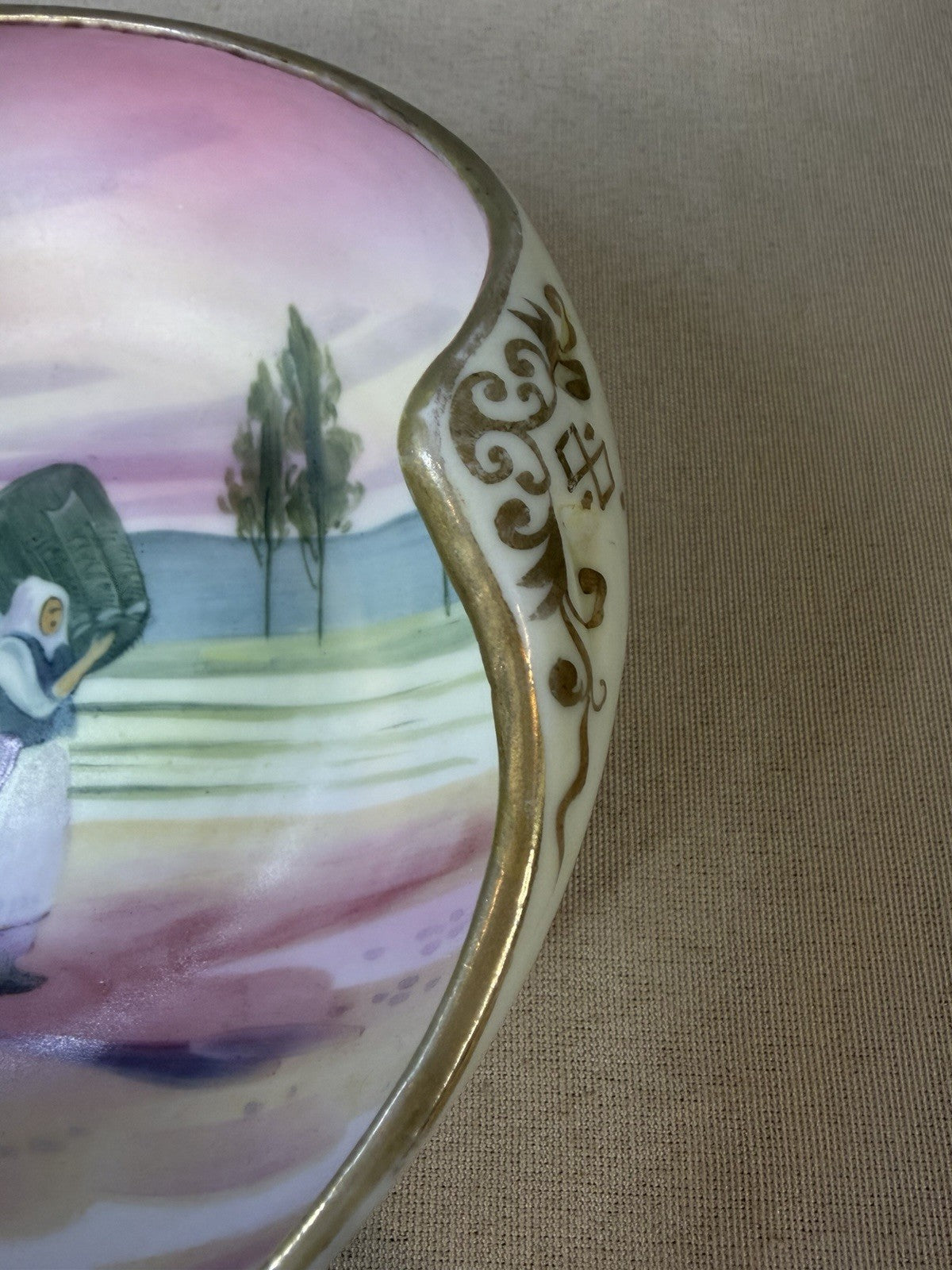 Vintage Nippon Hand Painted Ceramic Bowl Dutch Peasant Scene Floral Japan