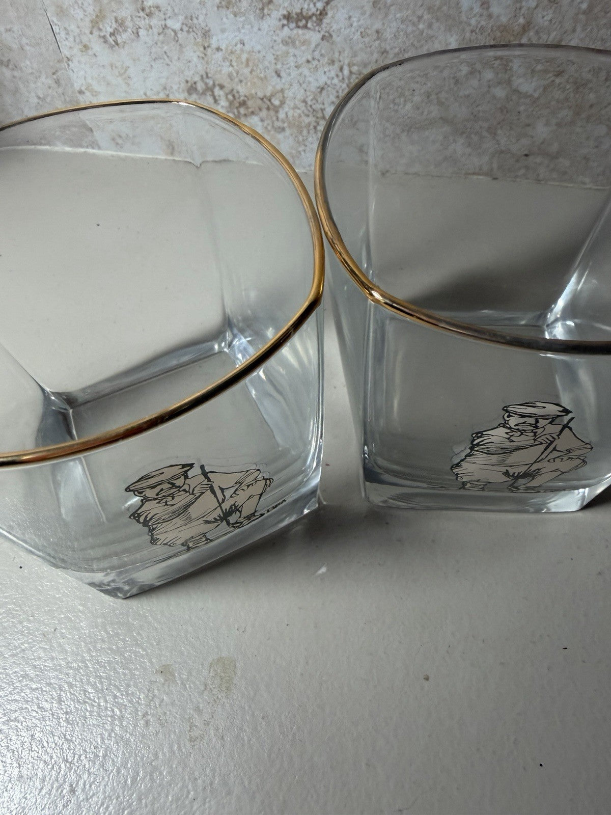 Vintage Golf Lowball Glasses Gold Rim Golfer Rock Whiskey Tumblers MCM Set of 4