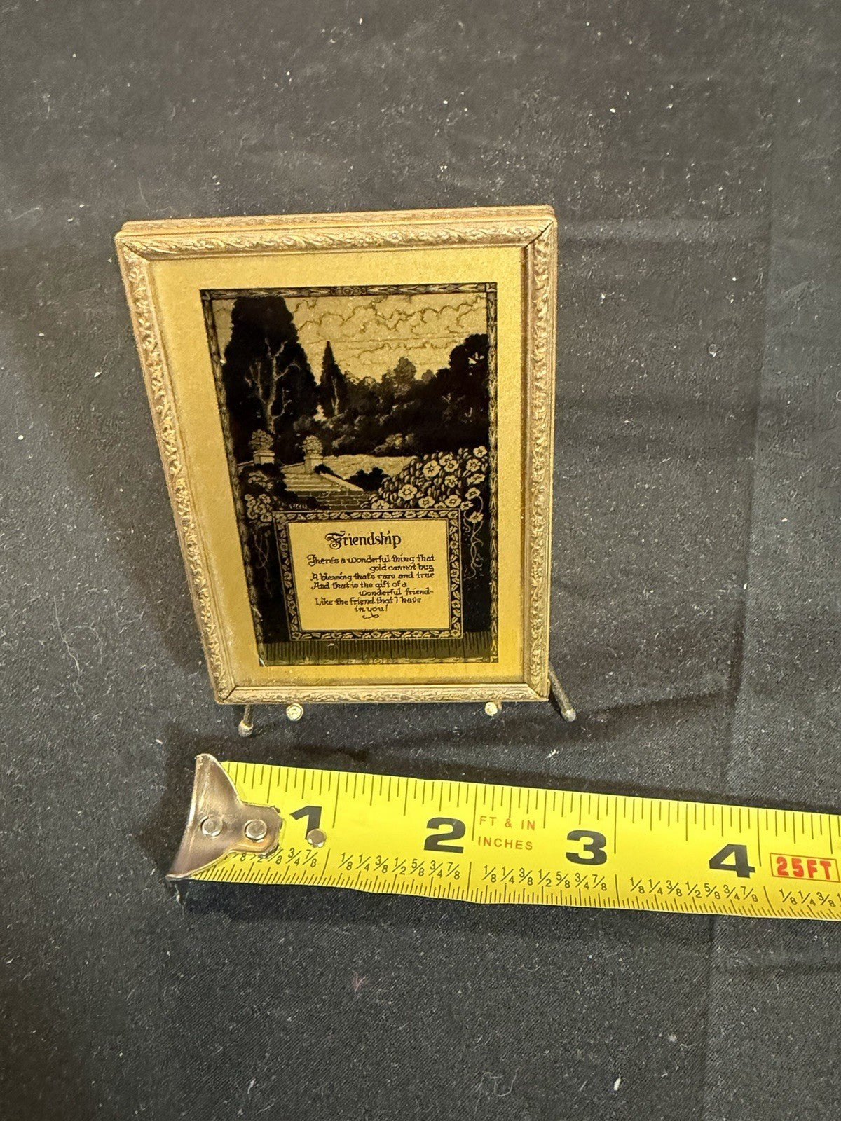 Black Gold Pocket Mirror Silhouette Friendship Poem Tripod Stand 4.5"x3"
