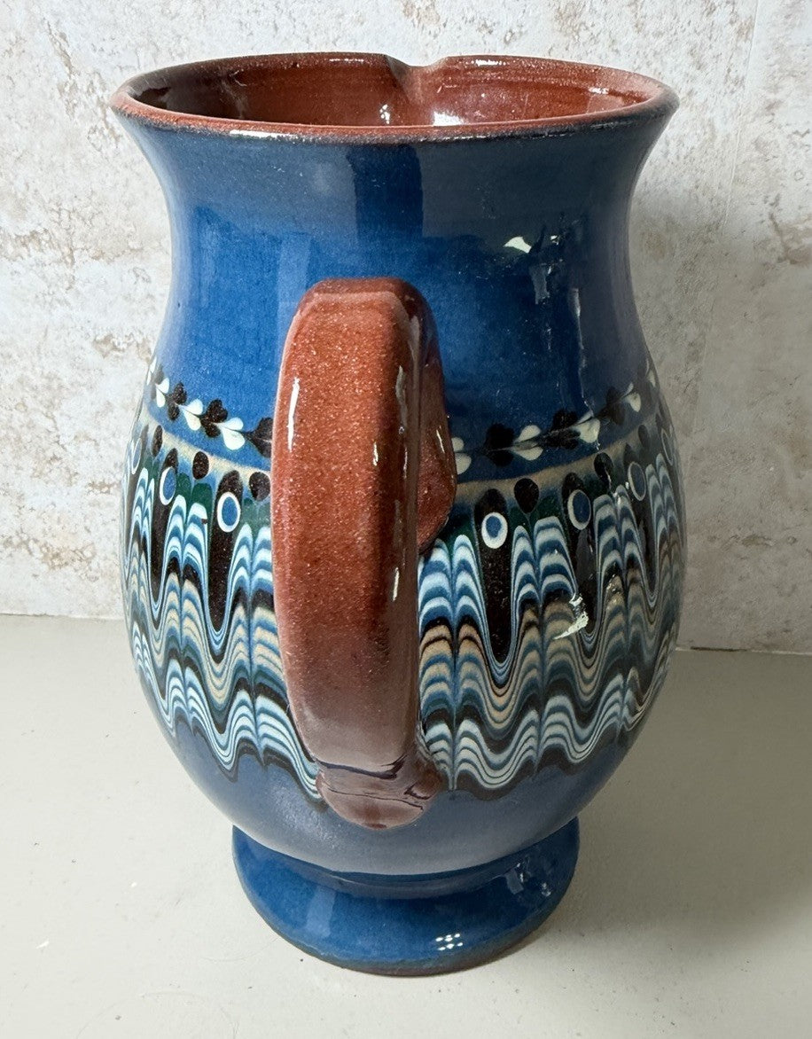 Vintage Mexican Folk Art Pottery Pitcher Salt Bowls Set Blue Brown Hand Painted