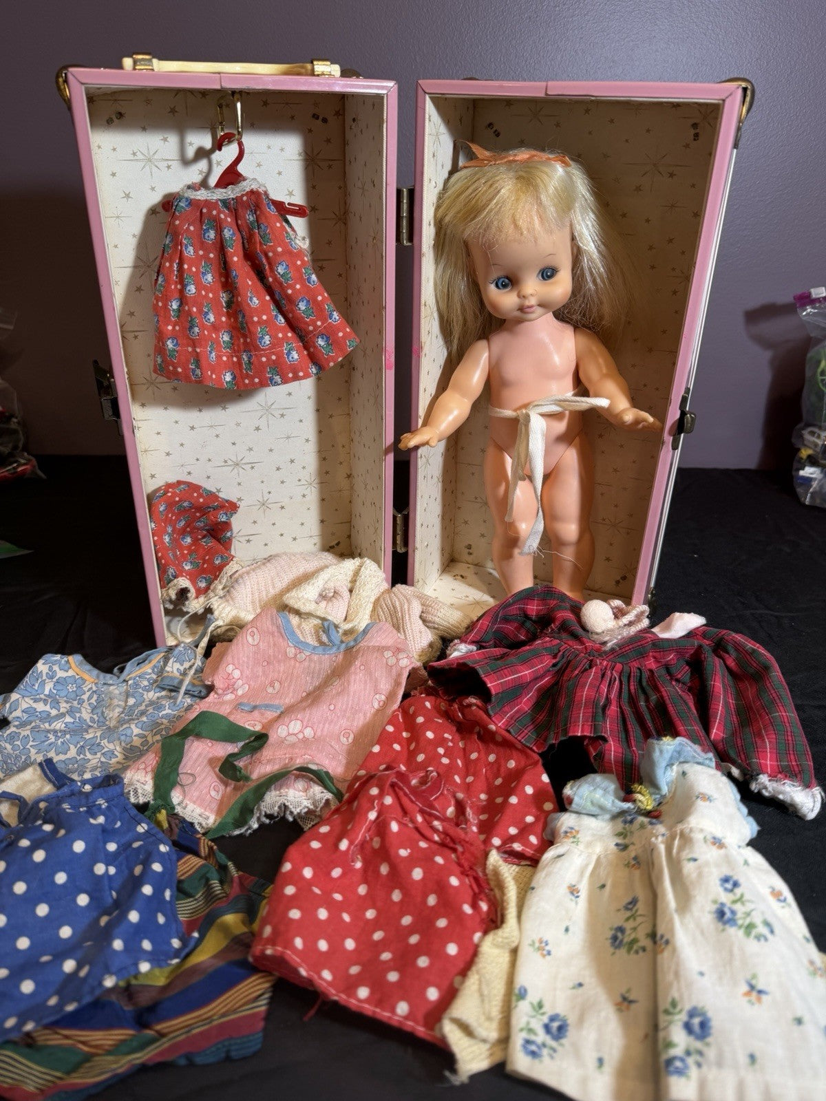 Vintage 1969 Horseman Doll  Pink Doll Steamer Trunk and Vintage Doll Clothes