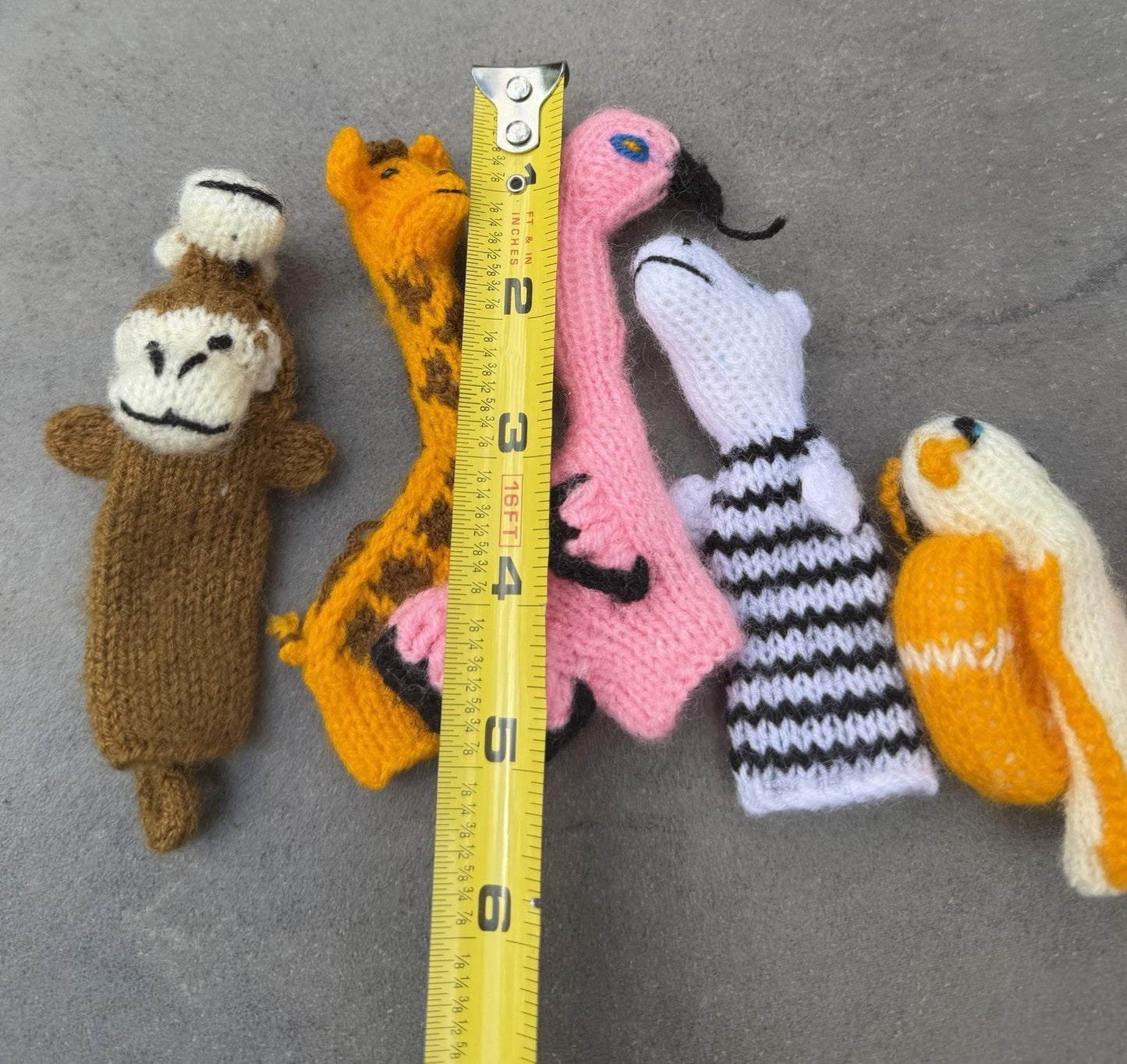 Hand Knitted Wild Animal Finger Puppets Zebra Giraffe Flamingo Snail Monkey Fish