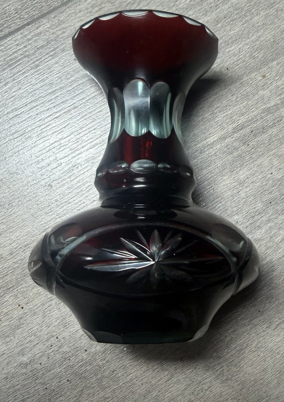 Vintage Ruby Flash Cut Glass Bud Vase Starburst Pattern 4"