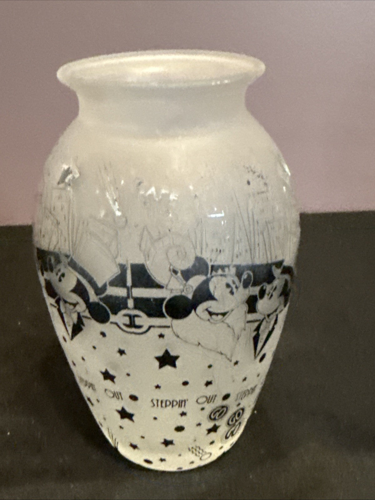 Disney Mickey Minnie Steppin Out Frosted Glass Vase Black White 5.5"