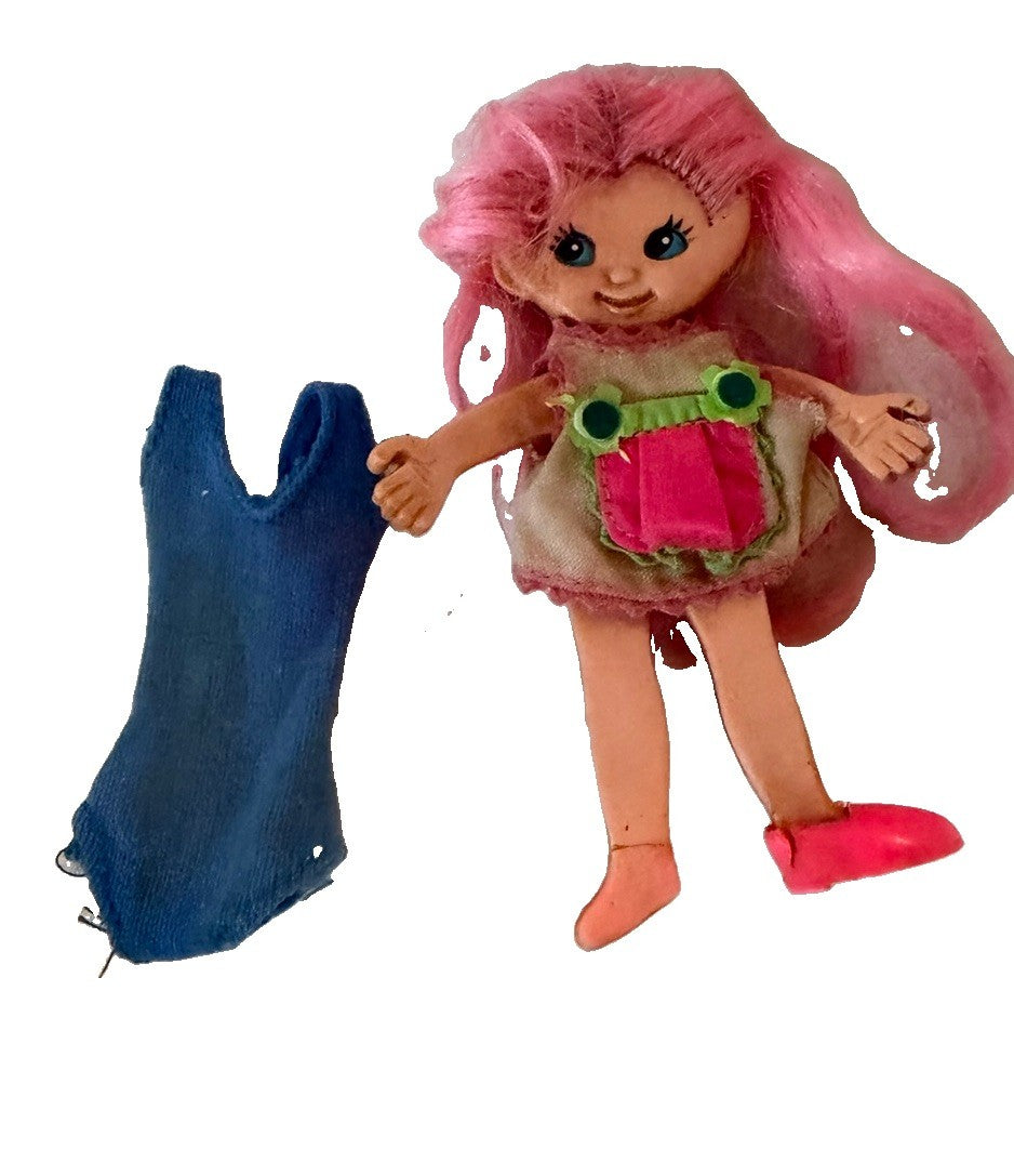 Vintage 1969 Ideal Flatsy Doll Pink Hair Blue Eyes with Original Outfit 4.5"