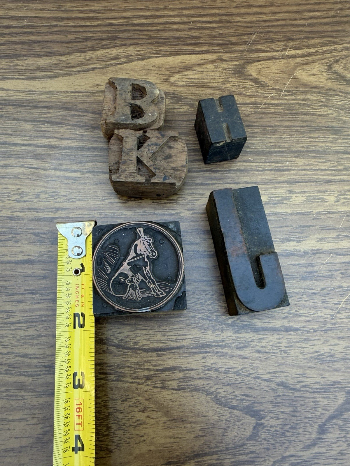 Vintage Lot of Wood Print Block Horse Dog Copper Face and Letter Imprints
