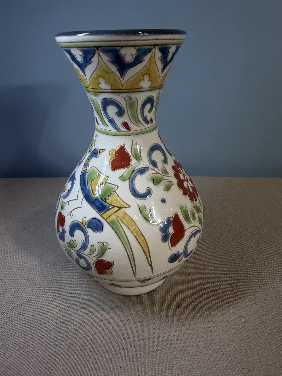 Vintage Talavera Style Hand Painted Ceramic Flower Vase Floral Scroll Folk Art