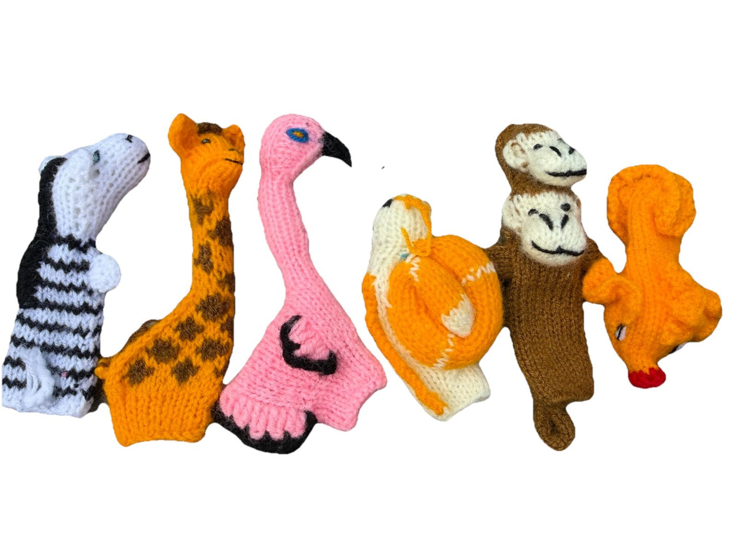 Hand Knitted Wild Animal Finger Puppets Zebra Giraffe Flamingo Snail Monkey Fish