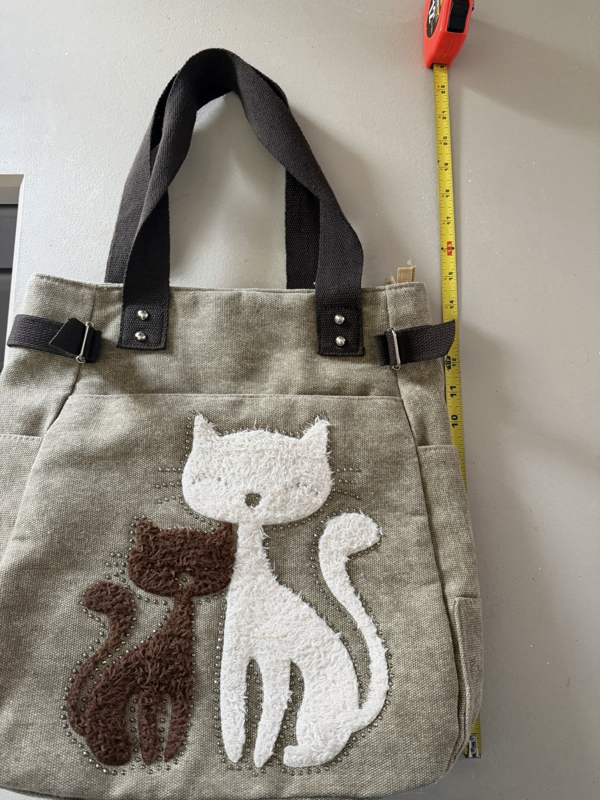 Kaukko Canvas Cat Tote Bag Furry Cat Design Spacious Handbag