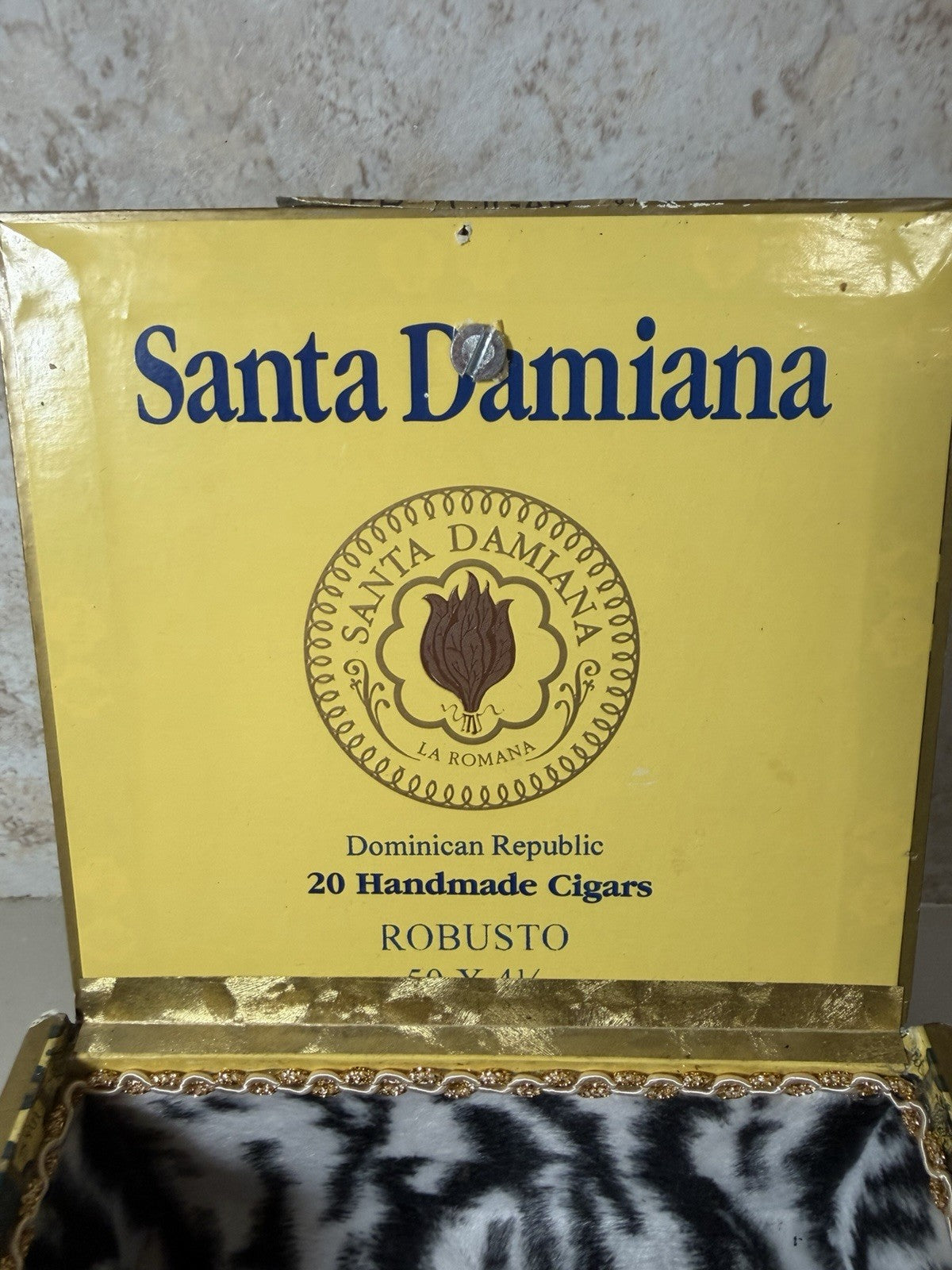 Santa Damiana Robusto Upcycled Cigar Box Purse Toile Fabric Handle Zebra Lining