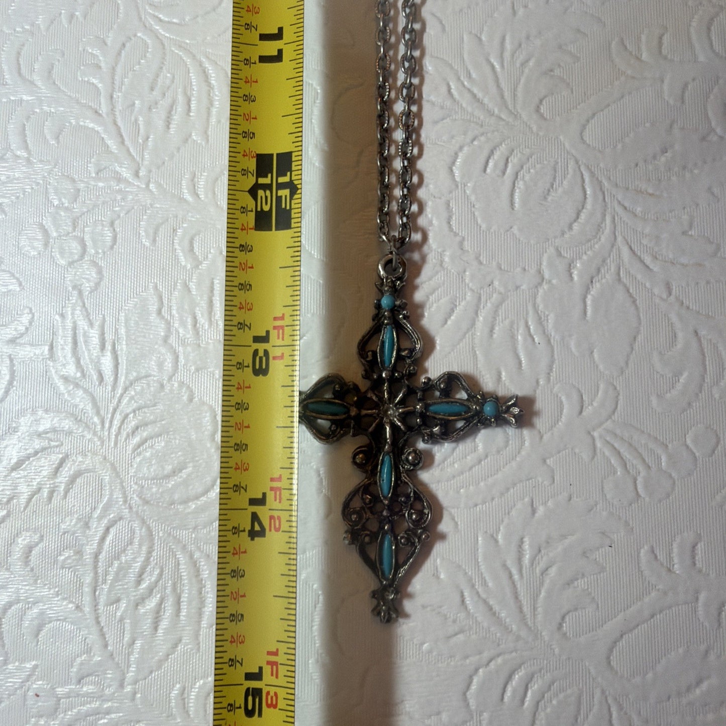 Vintage Gothic Cross Pendant Necklace Silver Tone Faux Turquoise Cabochons Large