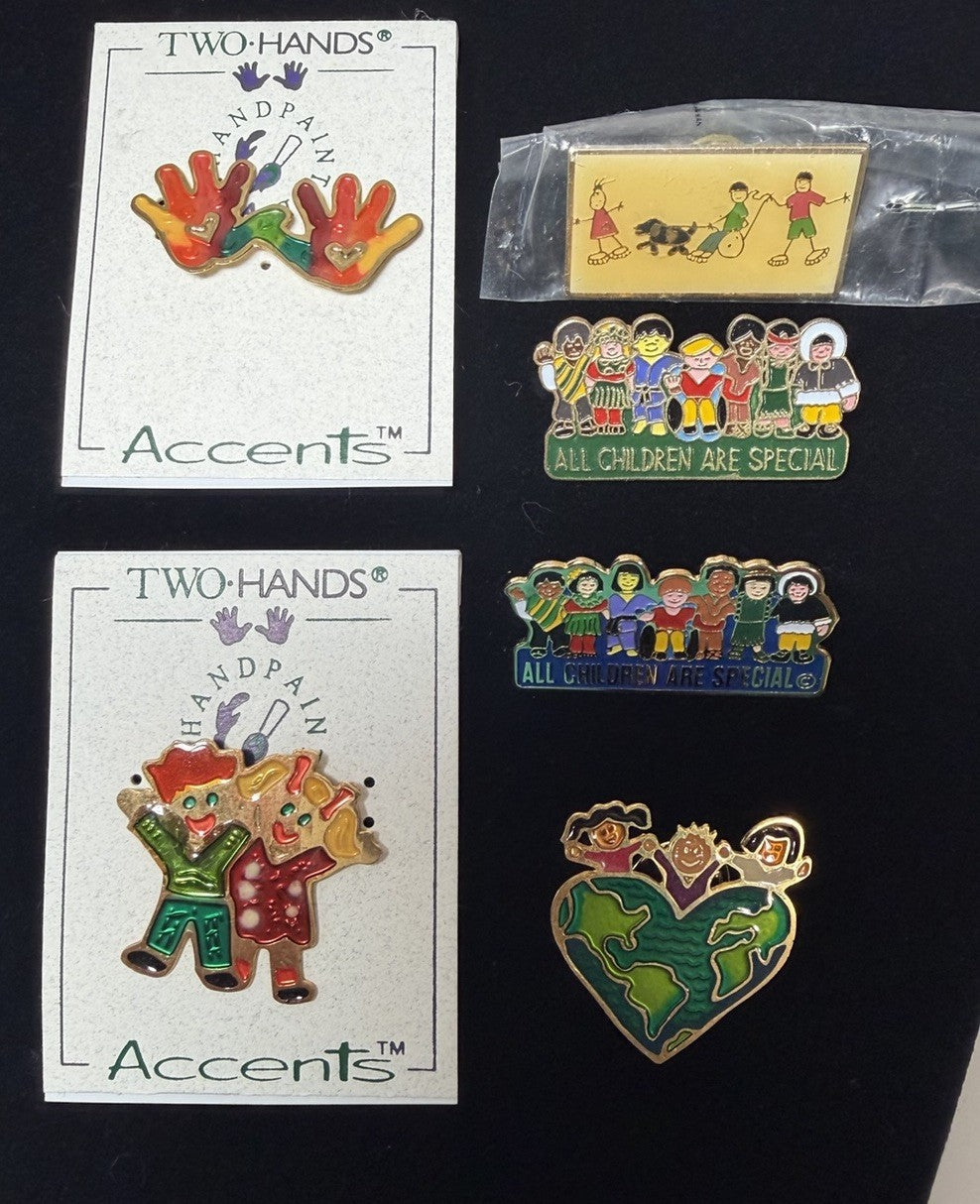 Vintage Enamel Lapel Pins Lot Two Hands Accents All Children Are Special Pin Set