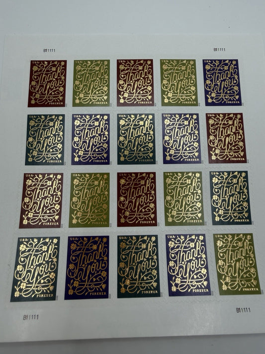2020 USPS Thank You Forever Stamps Sheet 20 Unused Gold Calligraphy Scott 5519