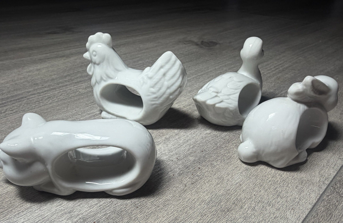 Vintage Animal Napkin Rings Set 4 Duck Pig Cow Chicken White Porcelain Japan