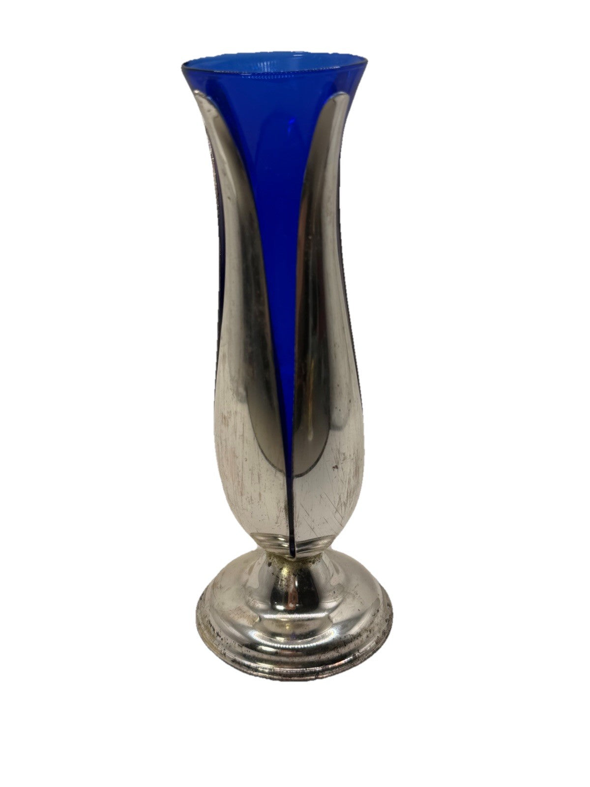 Vintage MCM Silver Plate Tulip Bud Vase Cobalt Blue Glass Insert 6 Inch