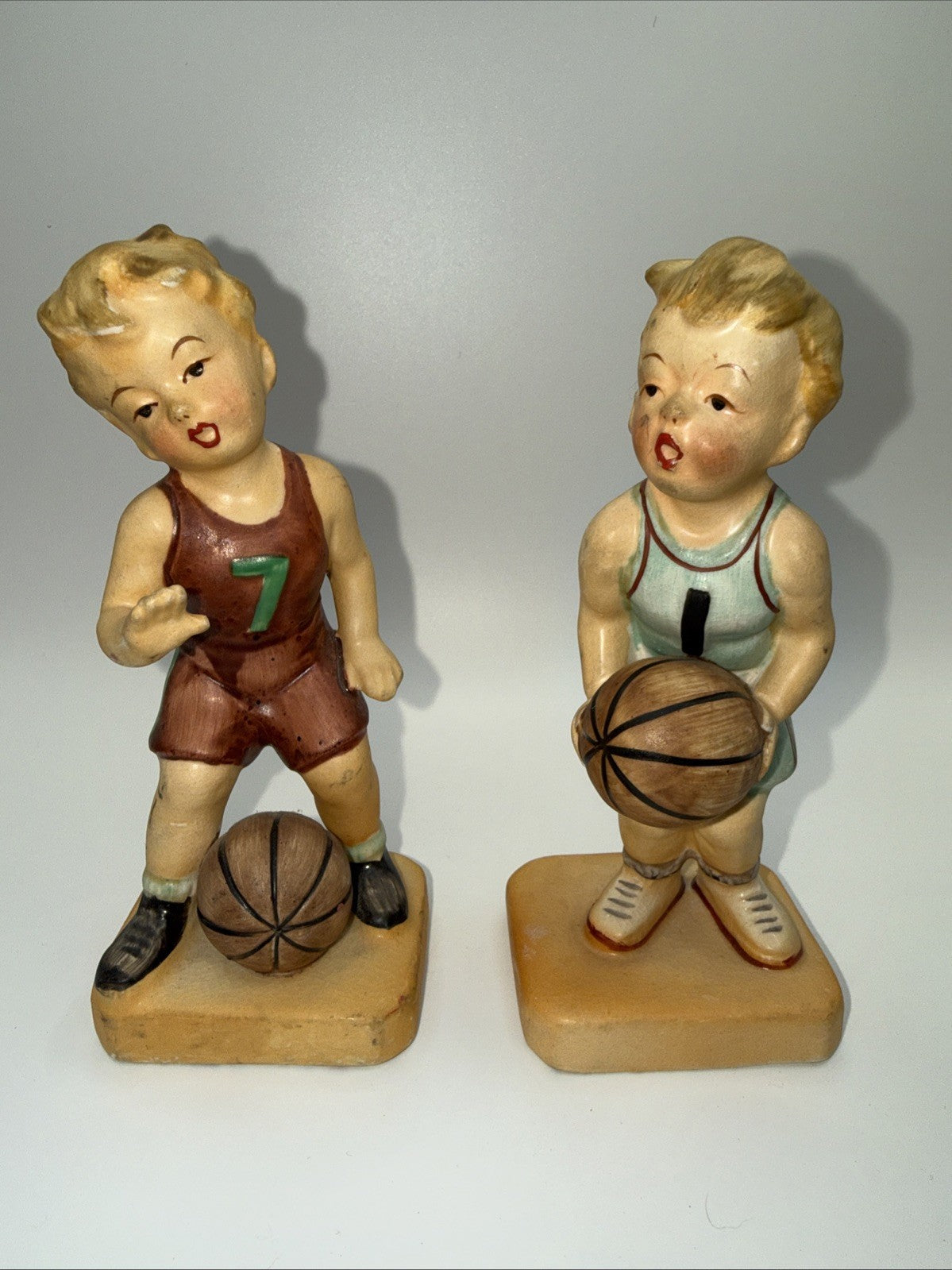 Vintage Japan Little Basketball Boy Set Of 2 figurines #1 #7 5.5" Tall