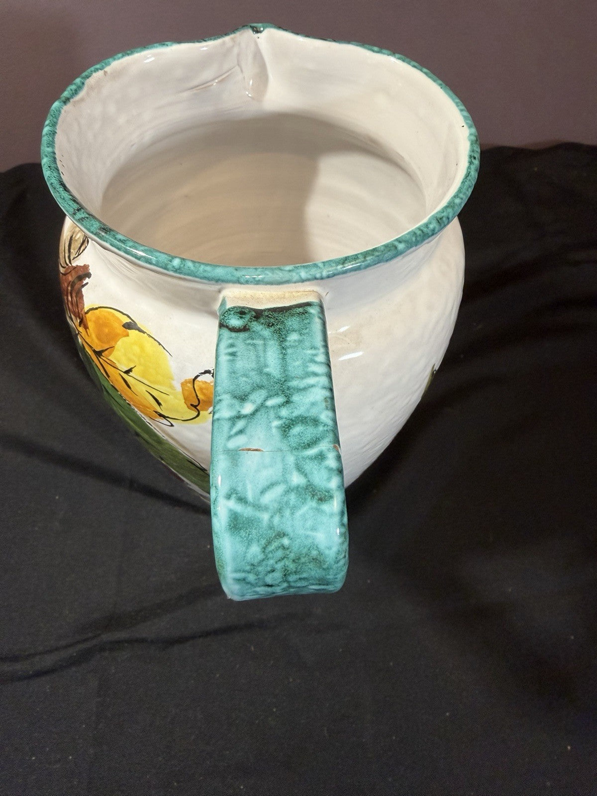 Vintage 1960s Italian Sgraffito Ceramic Pitcher Hand Painted Fruit 8"