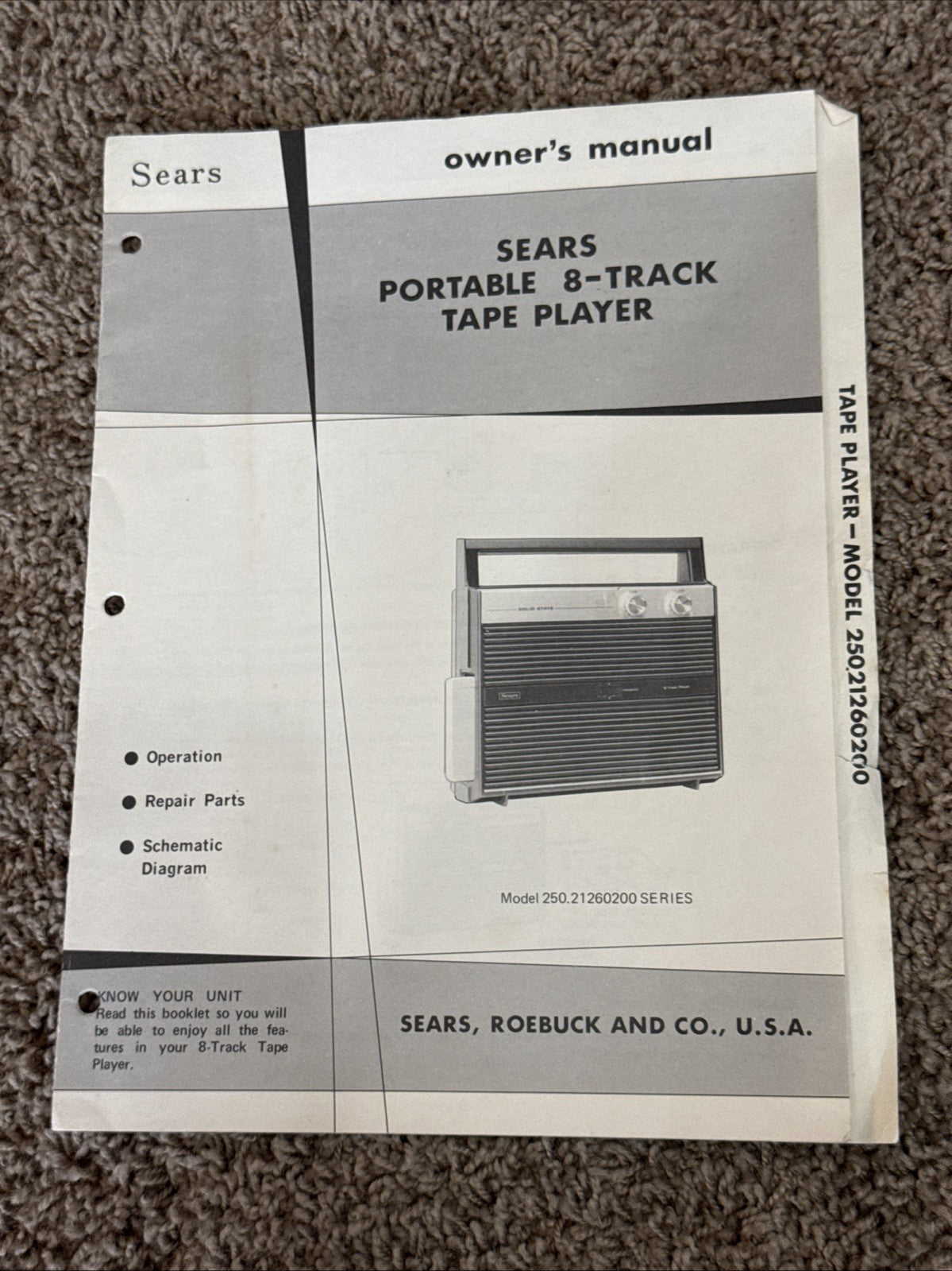 1972 Sears Portable 8 Track Tape Player Original Owner Manual Service Guide