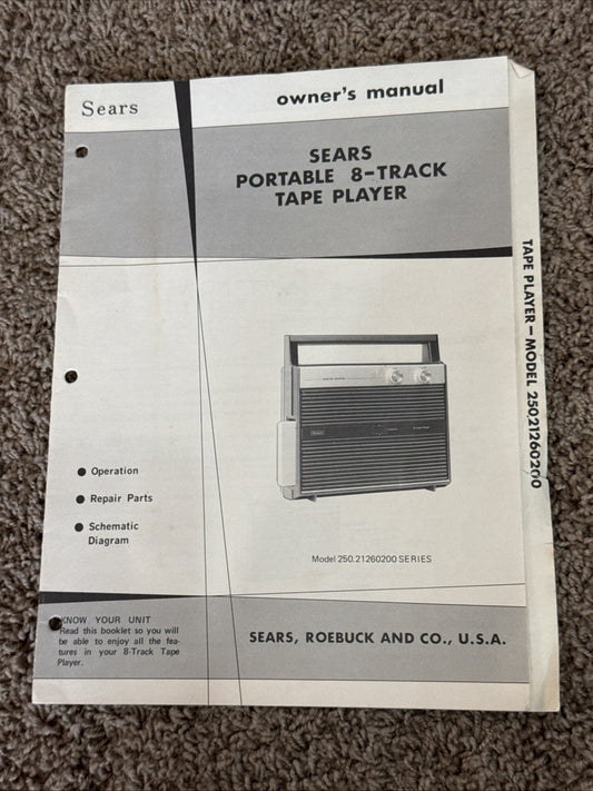 1972 Sears Portable 8 Track Tape Player Original Owner Manual Service Guide