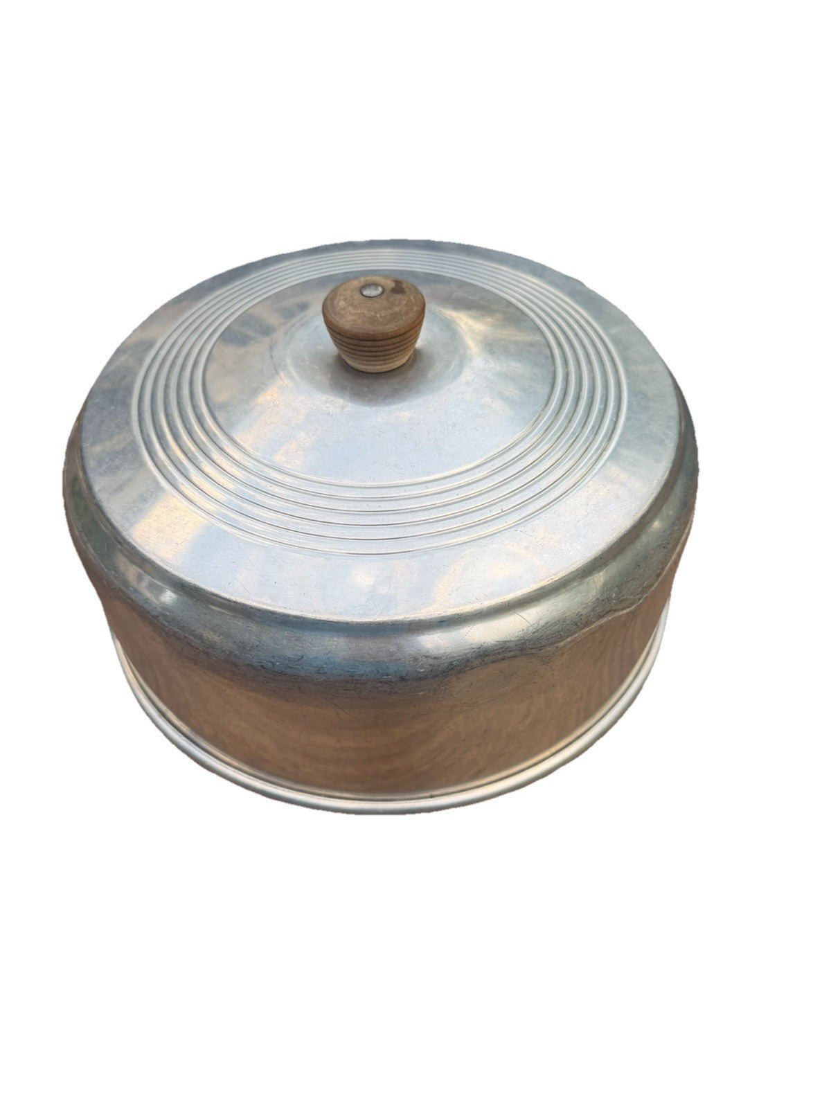 Vintage 10" Aluminum Cake Dome Lid Mid Century Wooden Knob Cover