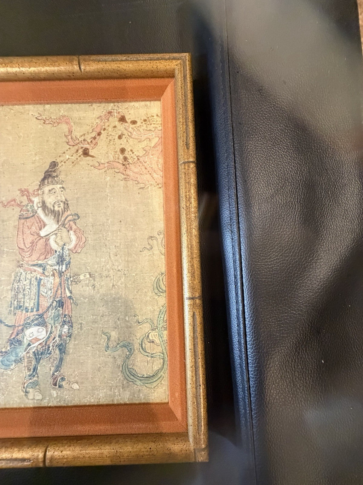 Vintage Chinese Silk Painting Horses Groom Tributary Art Faux Bamboo Frame 42x14