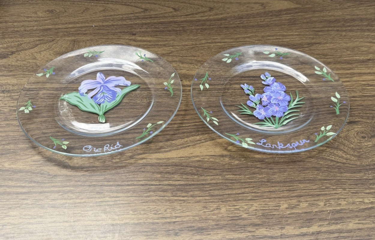 Vintage Reverse Painted Glass Plates Orchid Larkspur Floral Art Set of 2 - 8”