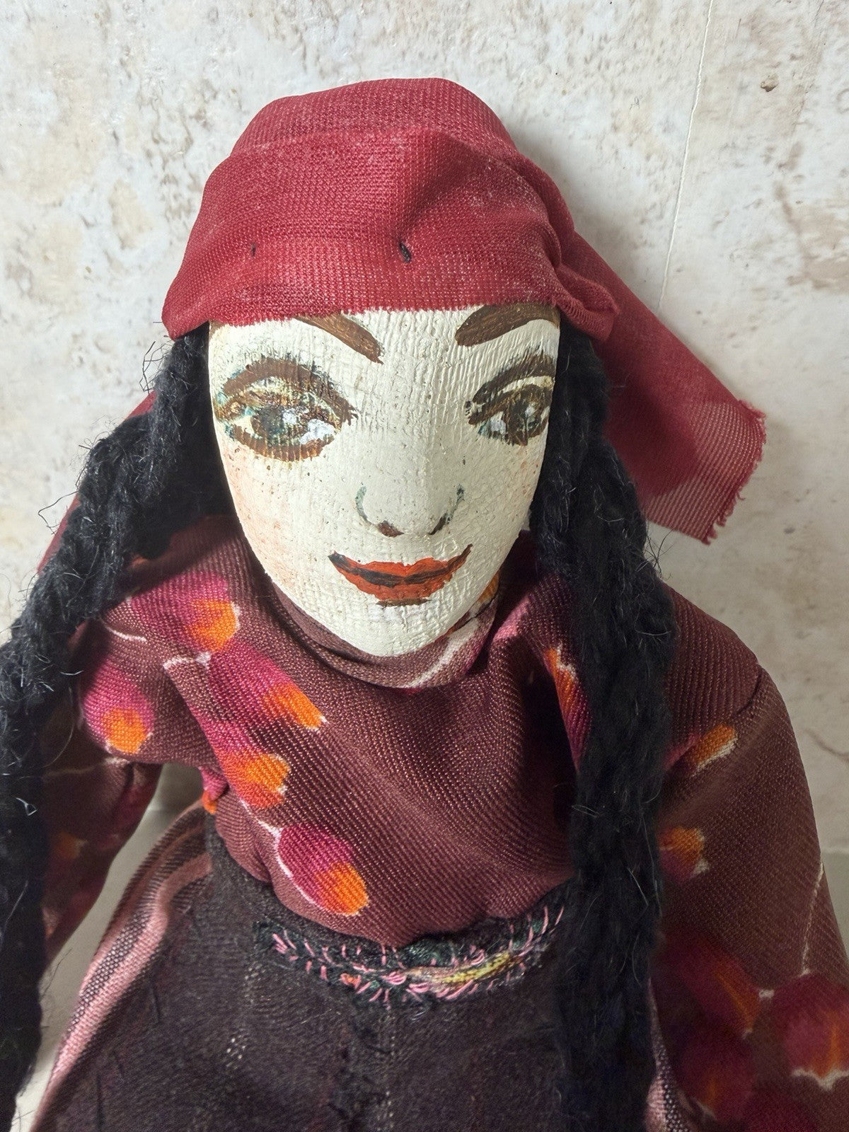 Vintage Handmade Folk Art Cloth Doll Painted Face Braided Yarn Hair Primitive