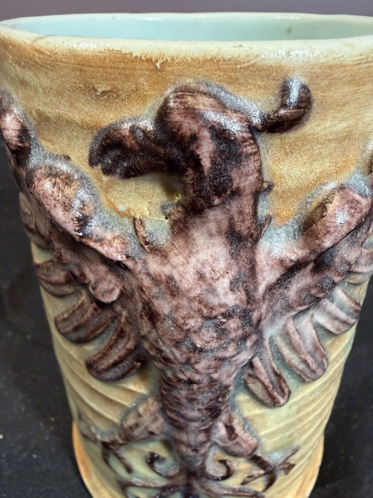Vintage Hand Carved Stoneware Mug HeraldEagle Design Studio Pottery Spain 5"