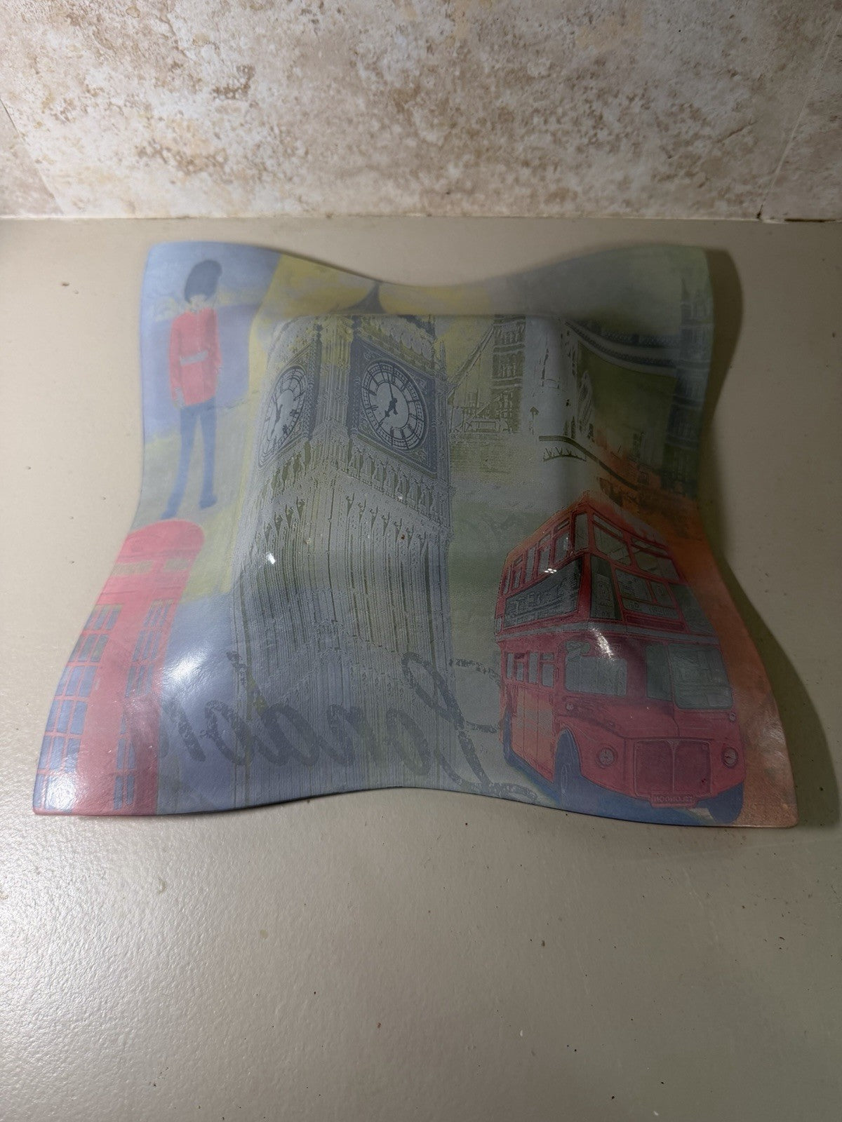 London England Souvenir Fused Glass Square Dish Tray Big Ben Red Bus Decor UK