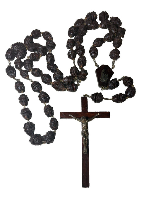 Vintage Carved Nut Bead Rosary Wall Hanging Our Lady Fatima Crucifix 60" Cross